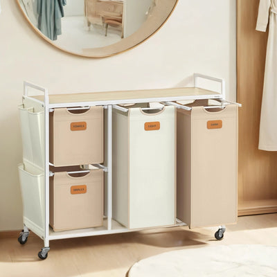 4 Compartment Laundry Sorter Cart with Removable Bags and Wheels in Brown and White by Vasagle