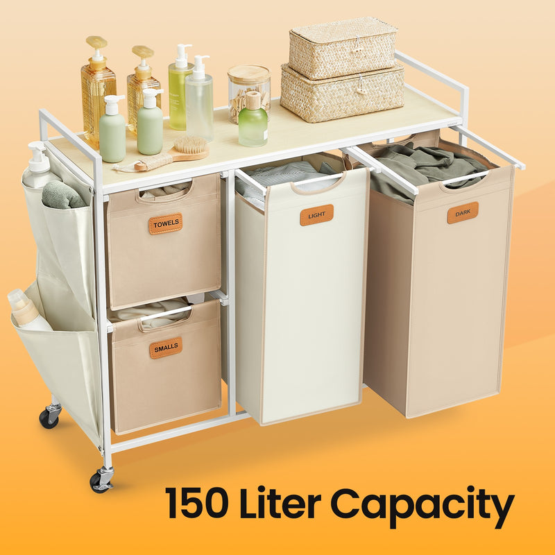 4 Compartment Laundry Sorter Cart with Removable Bags and Wheels in Brown and White by Vasagle