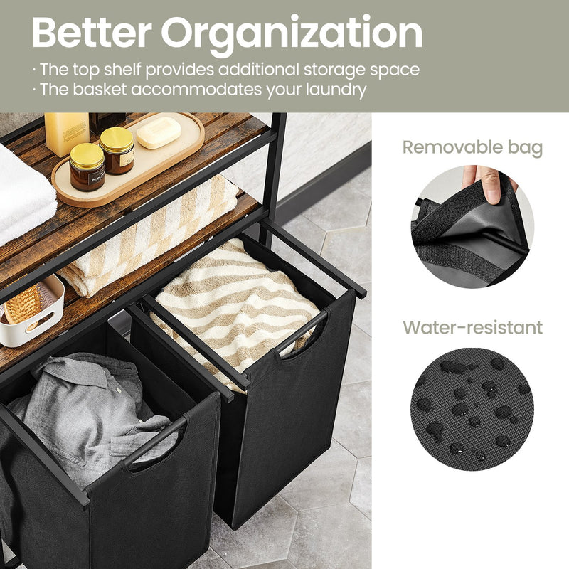 Laundry Sorter with 2 Removable Bags and 2 Storage Shelves for Bathroom or Bedroom by Vasagle