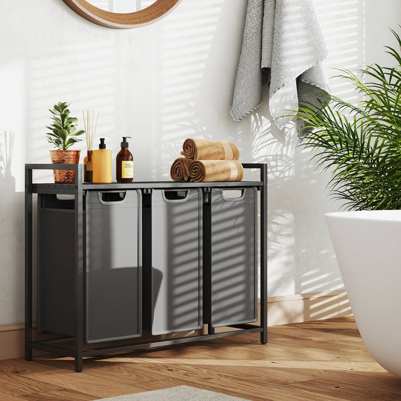 Grey Triple Laundry Sorter with Removable Bags and Shelf by Vasagle 116 x 33 x 72 cm