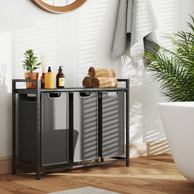 3 Section Laundry Basket with Removable Bags and Shelf 3 x 38L Black and Grey by Vasagle VASAGLE