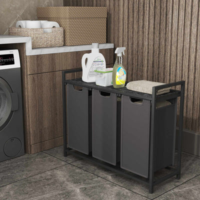 3 Section Laundry Basket with Removable Bags and Shelf 3 x 38L Black and Grey by Vasagle VASAGLE
