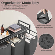 Grey Triple Laundry Sorter with Removable Bags and Shelf by Vasagle 116 x 33 x 72 cm
