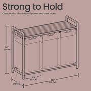 Grey Triple Laundry Sorter with Removable Bags and Shelf by Vasagle 116 x 33 x 72 cm