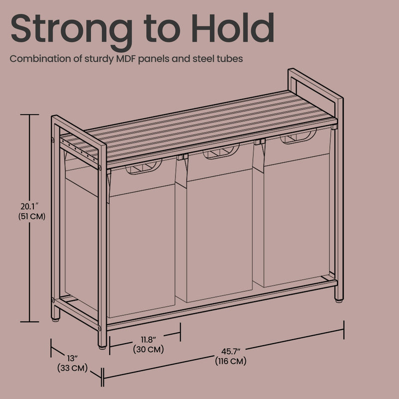 Grey Triple Laundry Sorter with Removable Bags and Shelf by Vasagle 116 x 33 x 72 cm