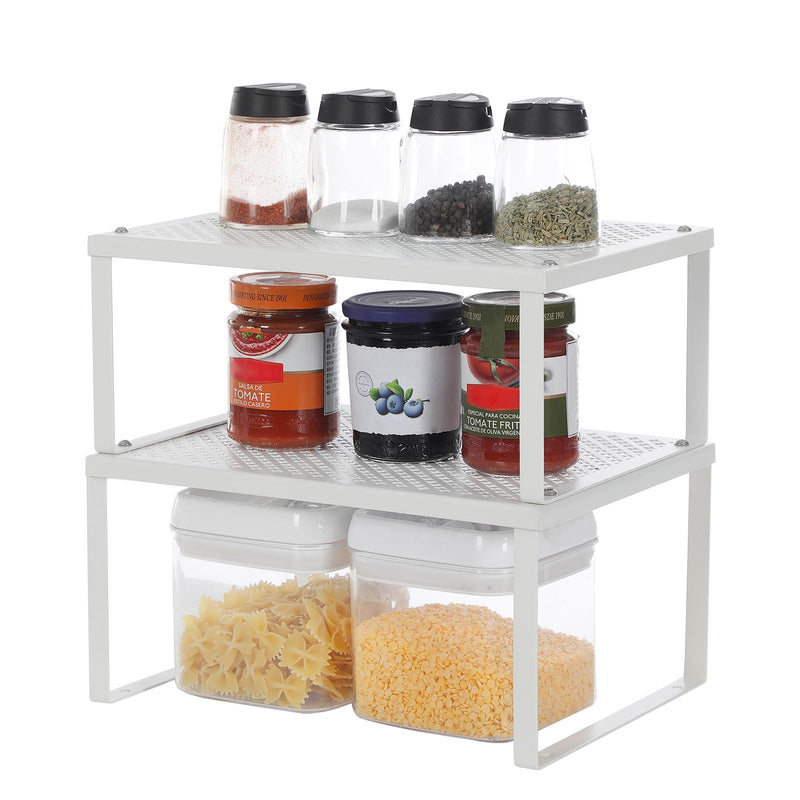 Set of 2 Stackable Expandable Metal Cupboard Organisers for Kitchen Storage White by Songmics