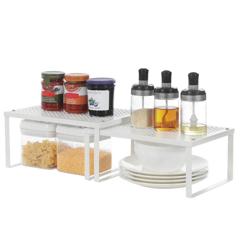 Set of 2 Stackable Expandable Metal Cupboard Organisers for Kitchen Storage White by Songmics