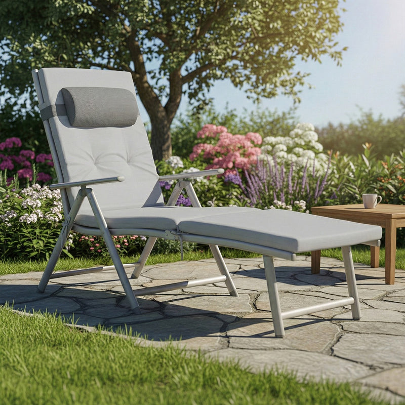 Folding Sun Lounger With Breathable Fabric & Padded Cushion With Neck Pillow by SONGMICS Songmics