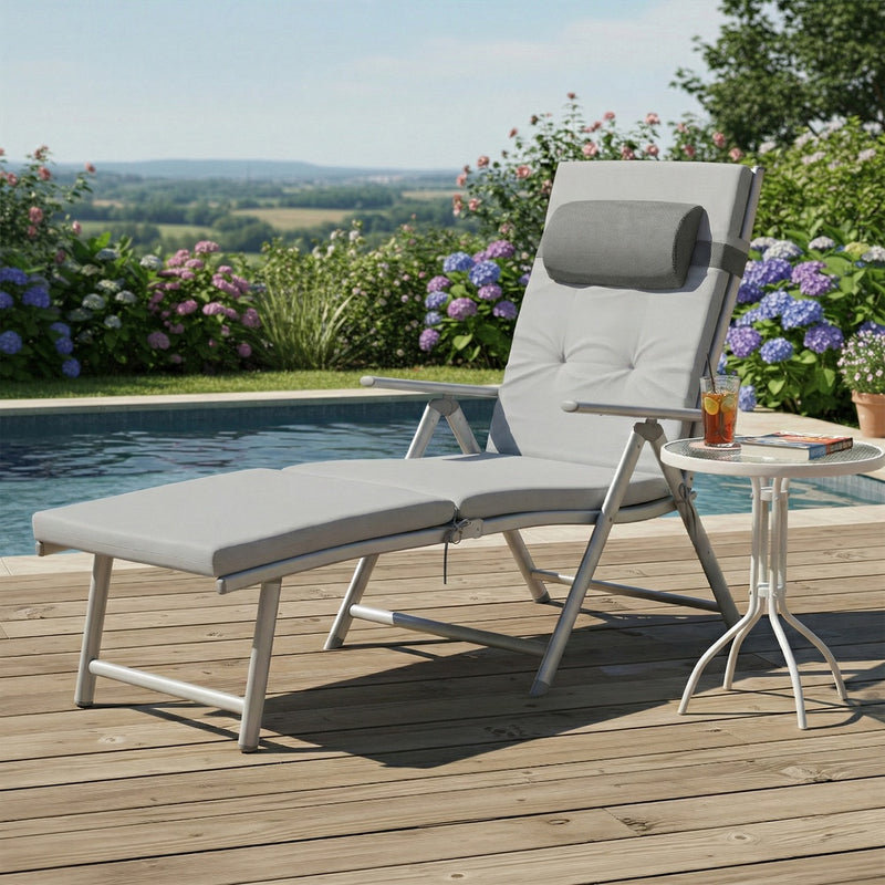 Folding Sun Lounger With Breathable Fabric & Padded Cushion With Neck Pillow by SONGMICS Songmics