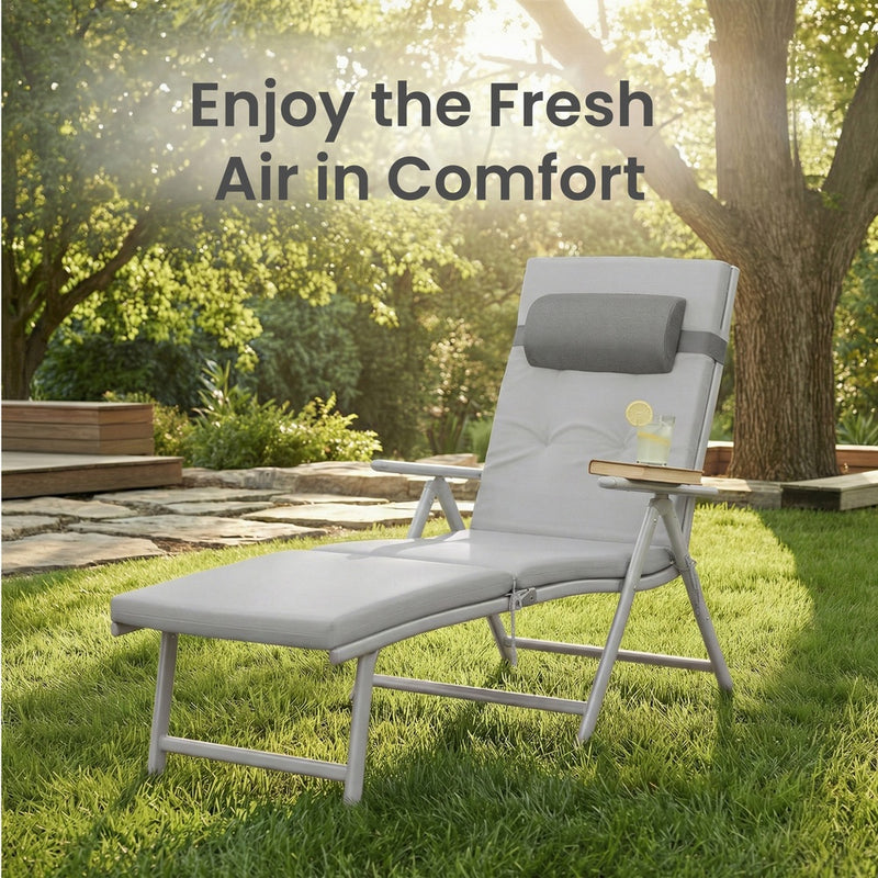 Folding Sun Lounger With Breathable Fabric & Padded Cushion With Neck Pillow by SONGMICS Songmics