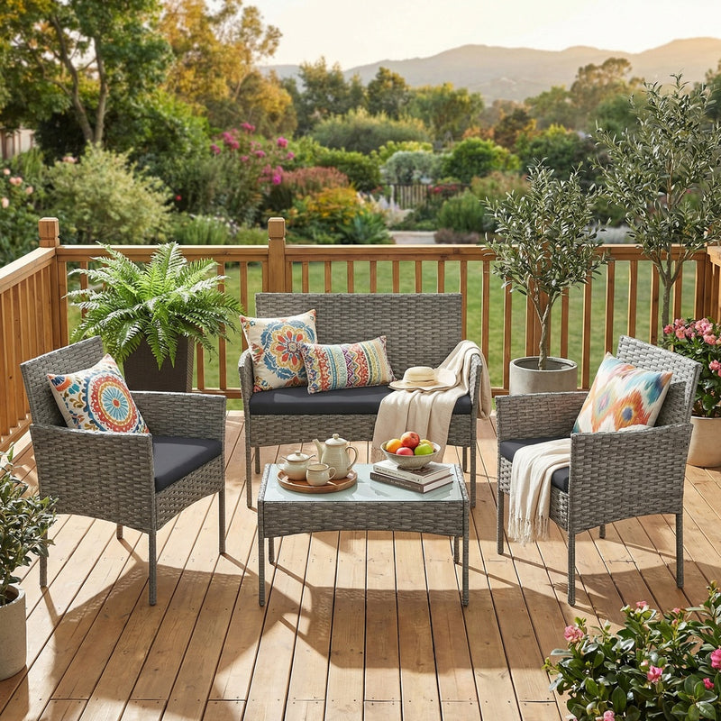 Patio Conversation Set, 4-Piece Rattan Lounge Furniture with Table and Chairs SONGMICS