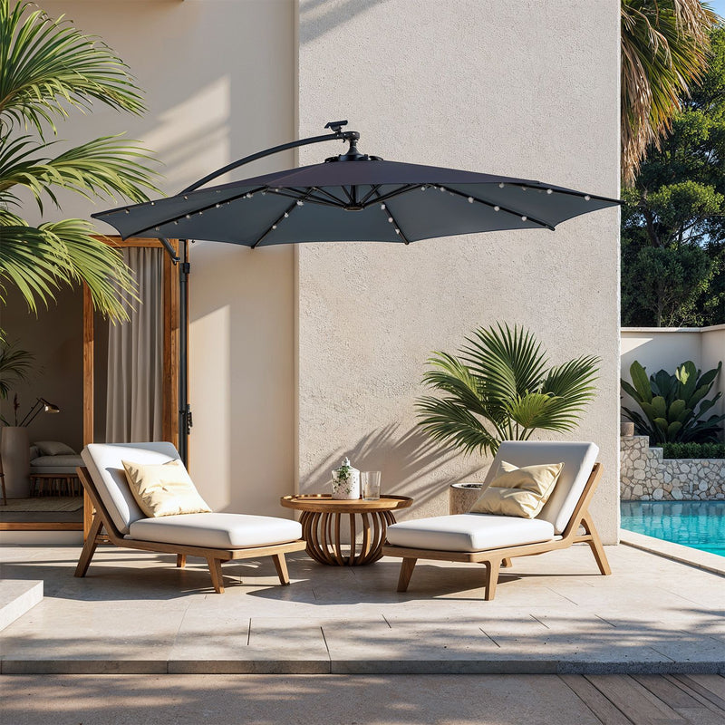 3m Cantilever Garden Parasol with Solar LED Lights UPF 50+ and Base by Songmics