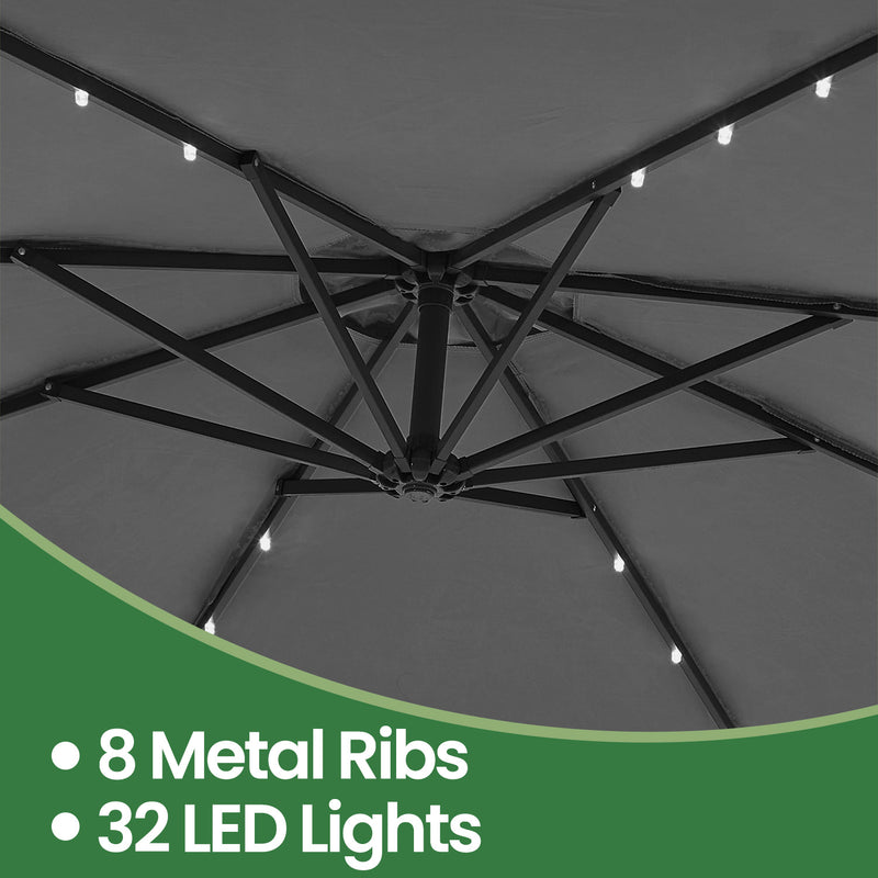 3m Cantilever Garden Parasol with Solar LED Lights UPF 50+ and Base by Songmics