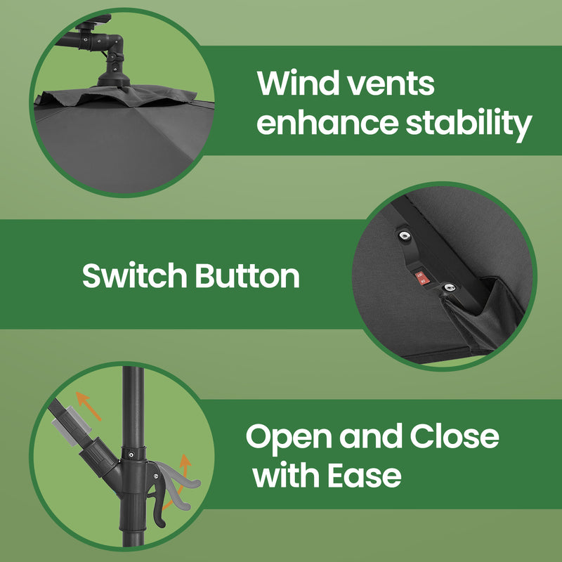 3m Cantilever Garden Parasol with Solar LED Lights UPF 50+ and Base by Songmics