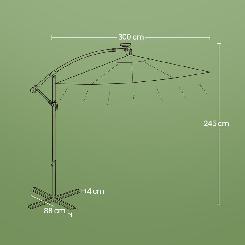 3m Cantilever Garden Parasol with Solar LED Lights UPF 50+ and Base by Songmics
