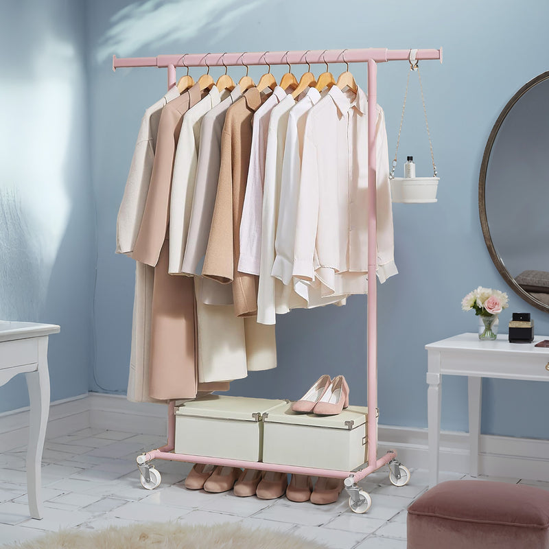 Pink Heavy Duty Clothes Rack on Wheels Adjustable Garment Rail with Strong Steel Frame by Songmics