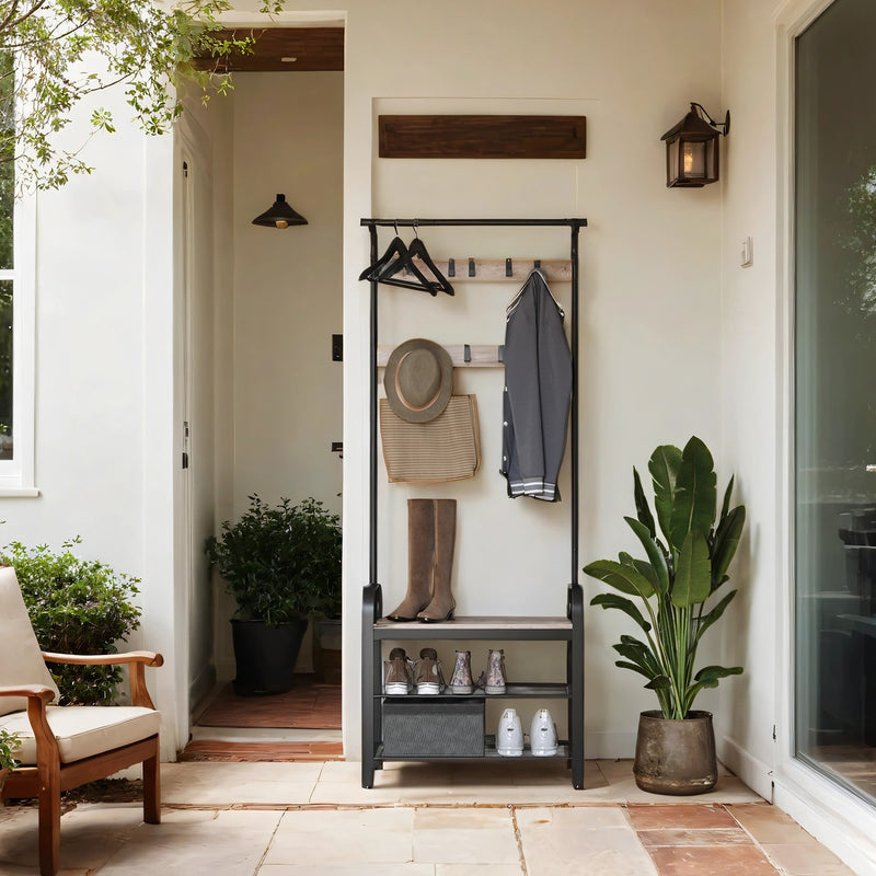 4 in 1 Coat Stand with Shoe Bench Clothes Rail and 9 Hooks for Hallway by Vasagle