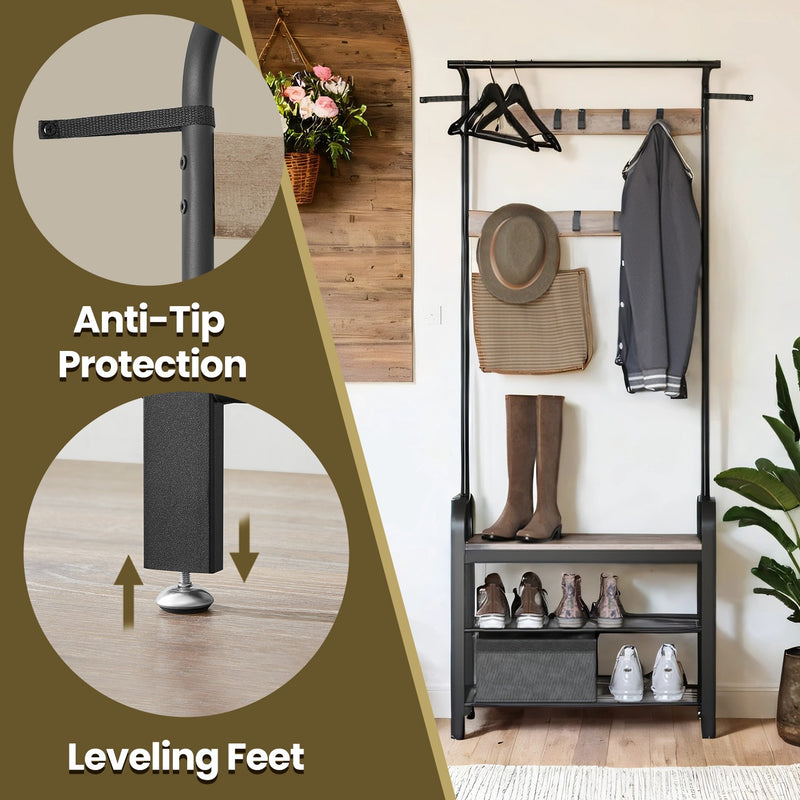 4 in 1 Coat Stand with Shoe Bench Clothes Rail and 9 Hooks for Hallway by Vasagle