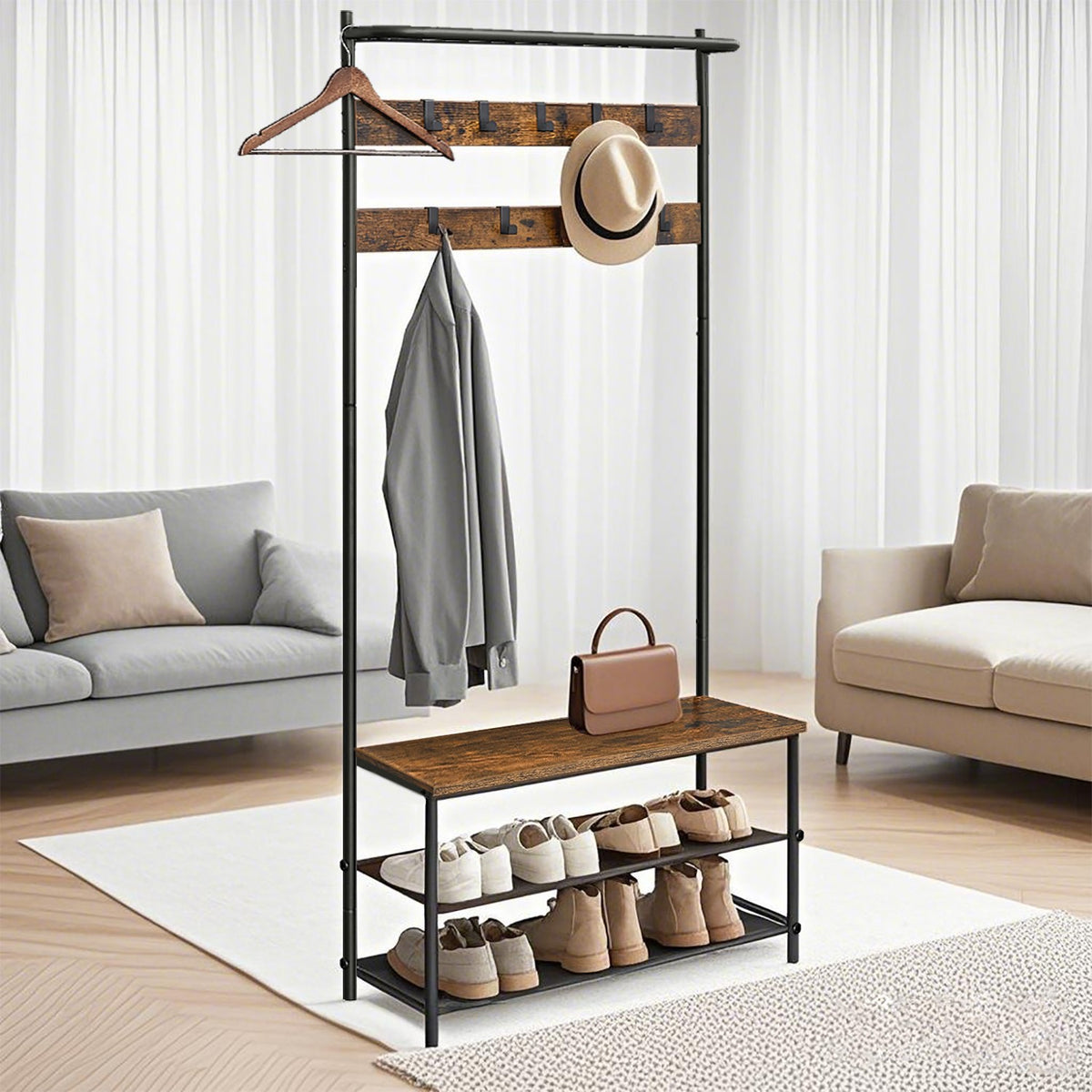 Vasagle Hall Tree Coat Rack With Bench & Shoe Storage 84x32x180cm ...