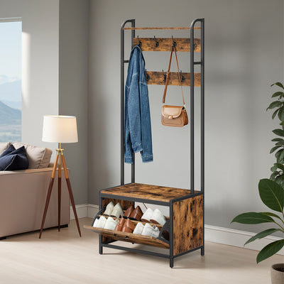 Industrial Hall Tree with Shoe Storage Bench Coat Rack 7 Hooks and Shelf by Vasagle