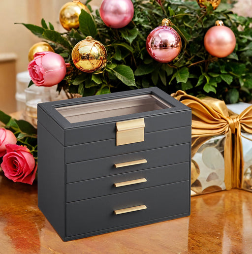 4 Tier Jewellery Box with Glass Lid and 3 Drawers for Organising Accessories by Songmics