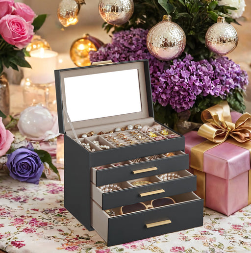4 Tier Jewellery Box with Glass Lid and 3 Drawers for Organising Accessories by Songmics
