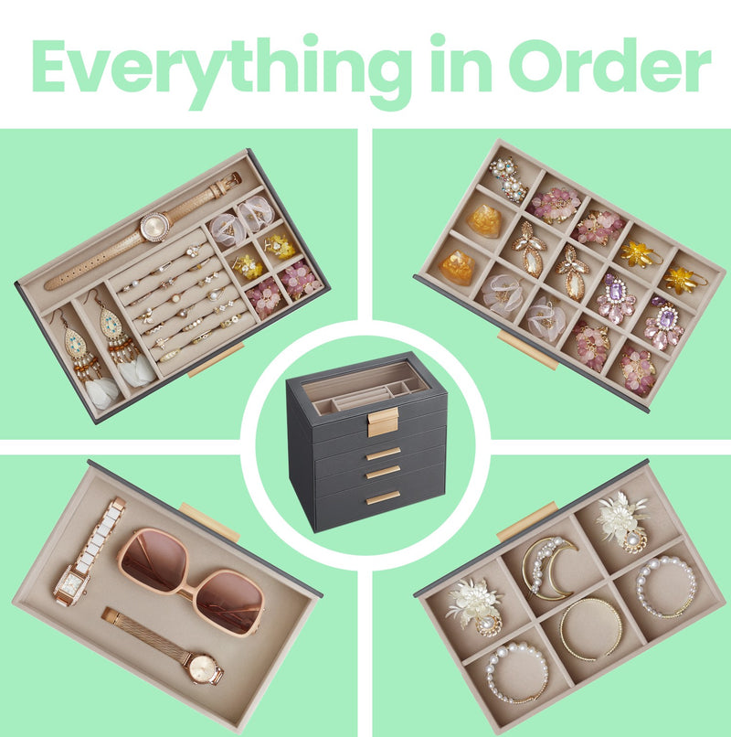 4 Tier Jewellery Box with Glass Lid and 3 Drawers for Organising Accessories by Songmics