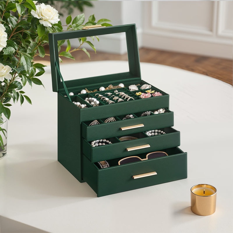 4 Tier Glass Lid Jewellery Box with 3 Drawers and Organiser Storage by Songmics