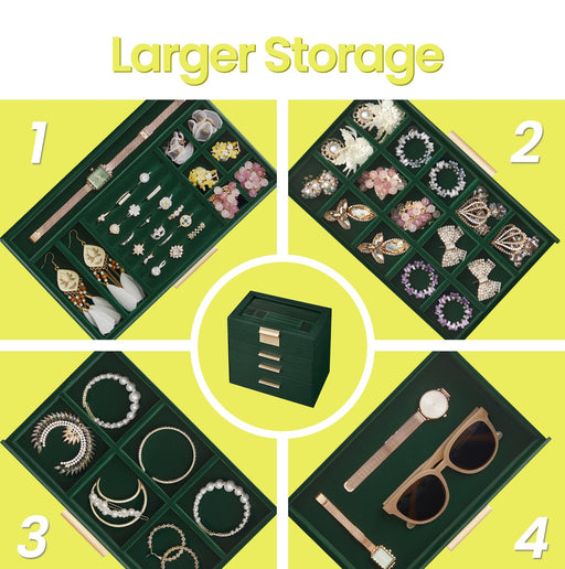 4 Tier Glass Lid Jewellery Box with 3 Drawers and Organiser Storage by Songmics