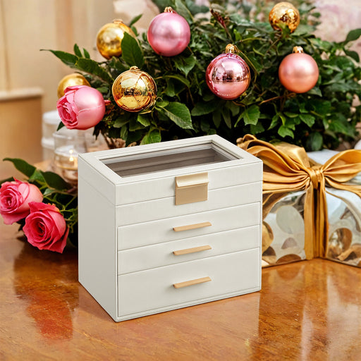 4 Tier Jewellery Box with Glass Lid and 3 Drawers for Organising Accessories by Songmics