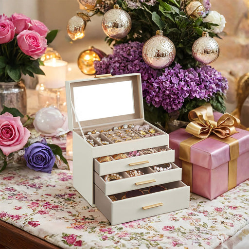 4 Tier Jewellery Box with Glass Lid and 3 Drawers for Organising Accessories by Songmics