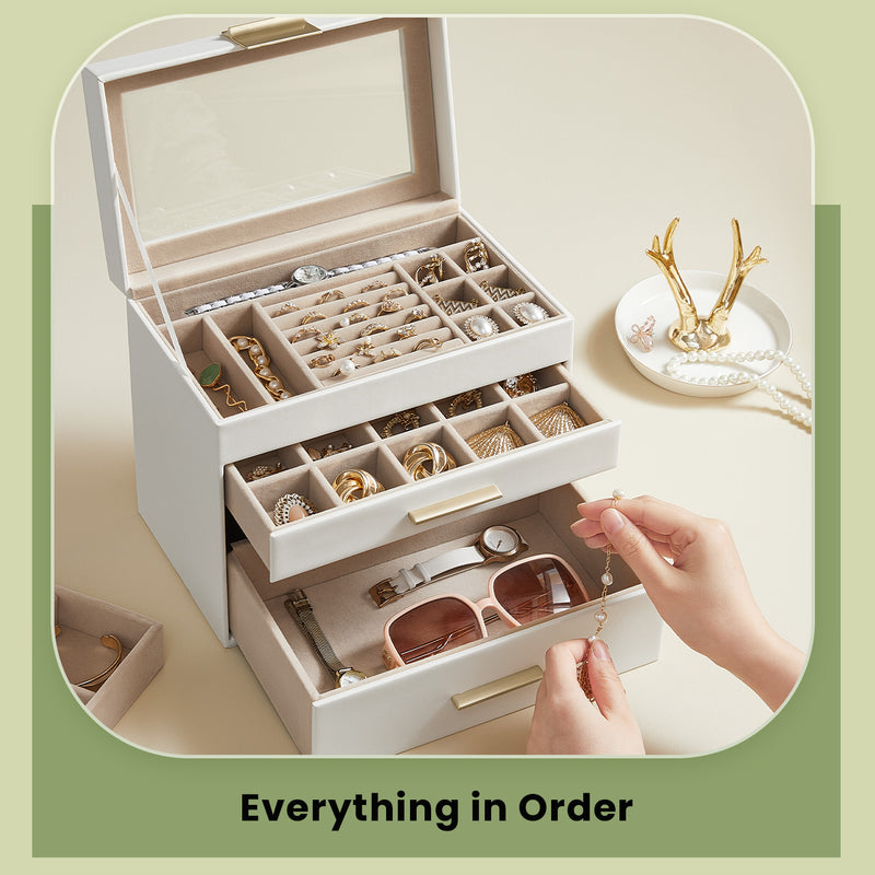 4 Tier Jewellery Box with Glass Lid and 3 Drawers for Organising Accessories by Songmics