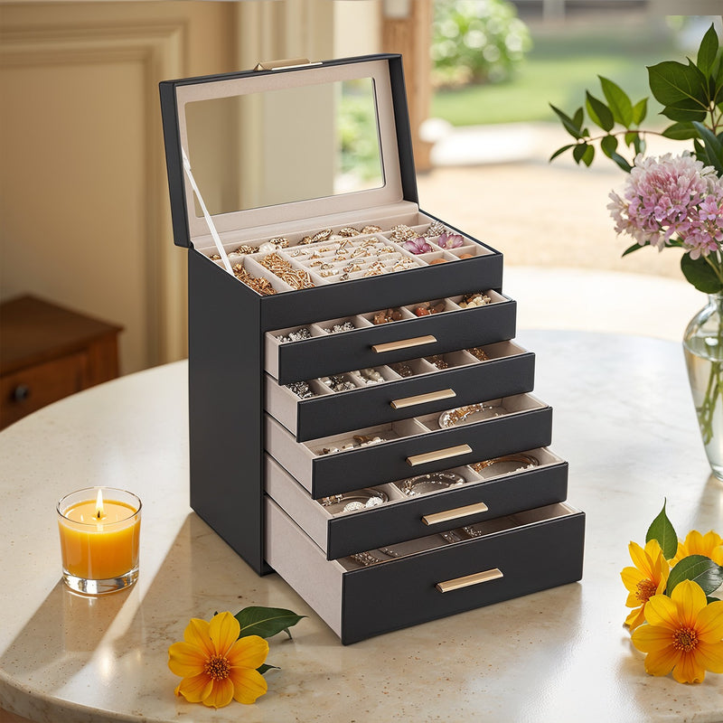 6 Layer Jewellery Box with Glass Lid and 5 Drawers for Organising Accessories by Songmics
