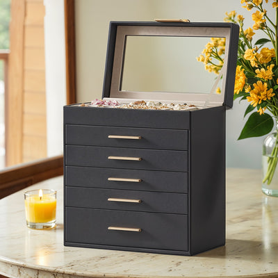 6 Layer Jewellery Box with Glass Lid and 5 Drawers for Organising Accessories by Songmics