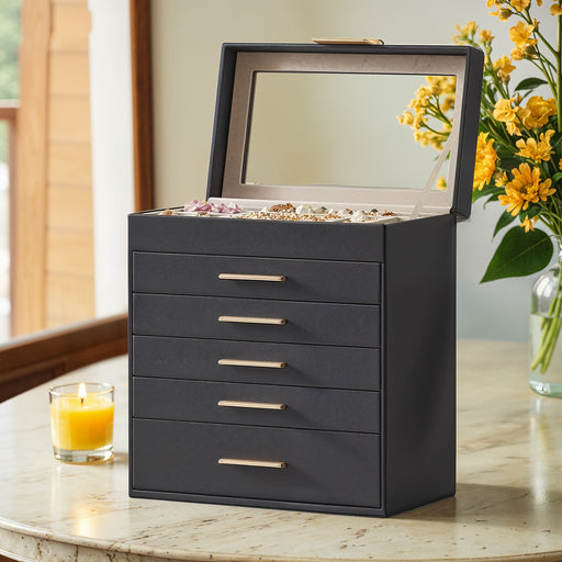 6 Layer Jewellery Box with Glass Lid and 5 Drawers for Organising Accessories by Songmics