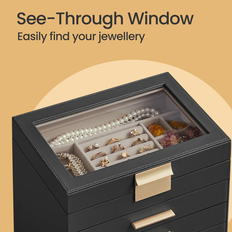 6 Layer Jewellery Box with Glass Lid and 5 Drawers for Organising Accessories by Songmics