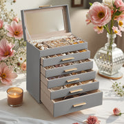 6 Layer Jewellery Box with Glass Lid and 5 Drawers for Organising Accessories by Songmics