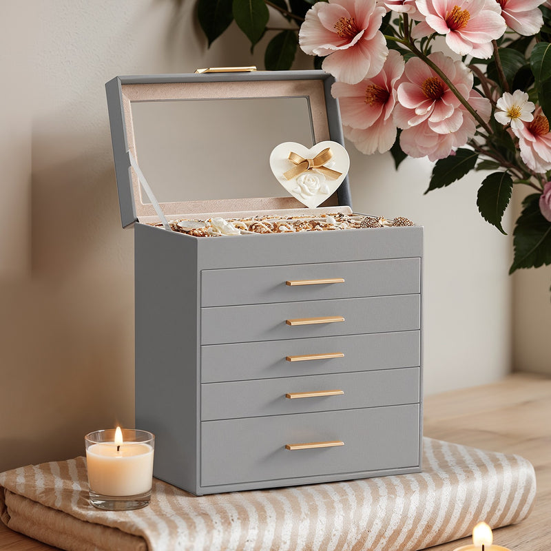 6 Layer Jewellery Box with Glass Lid and 5 Drawers for Organising Accessories by Songmics