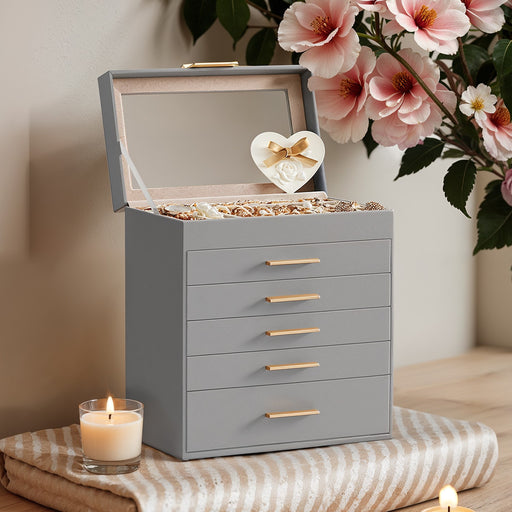 6 Layer Jewellery Box with Glass Lid and 5 Drawers for Organising Accessories by Songmics