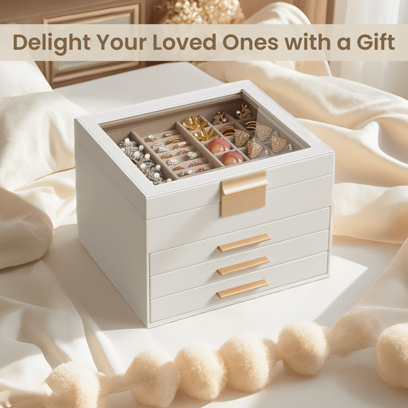 4 Layer Jewellery Box with Glass Lid and 3 Drawers for Organising Accessories by Songmics