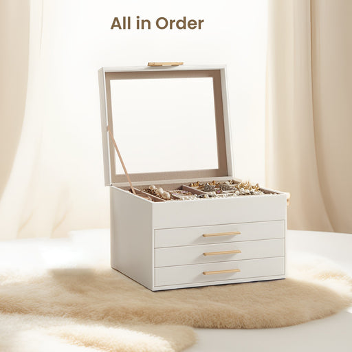 4 Layer Jewellery Box with Glass Lid and 3 Drawers for Organising Accessories by Songmics