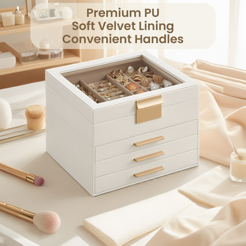 4 Layer Jewellery Box with Glass Lid and 3 Drawers for Organising Accessories by Songmics
