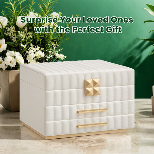 3 Tier Jewellery Box with Mirror and Drawers PU Leather Organiser with Stitching by Songmics Home