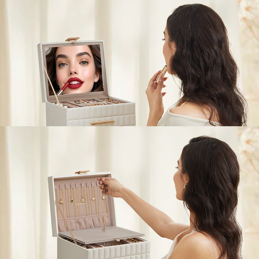 3 Tier Jewellery Box with Mirror and Drawers PU Leather Organiser with Stitching by Songmics Home