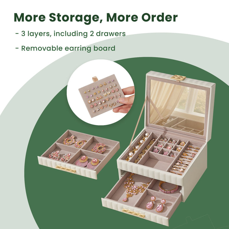 3 Tier Jewellery Box with Mirror and Drawers PU Leather Organiser with Stitching by Songmics Home