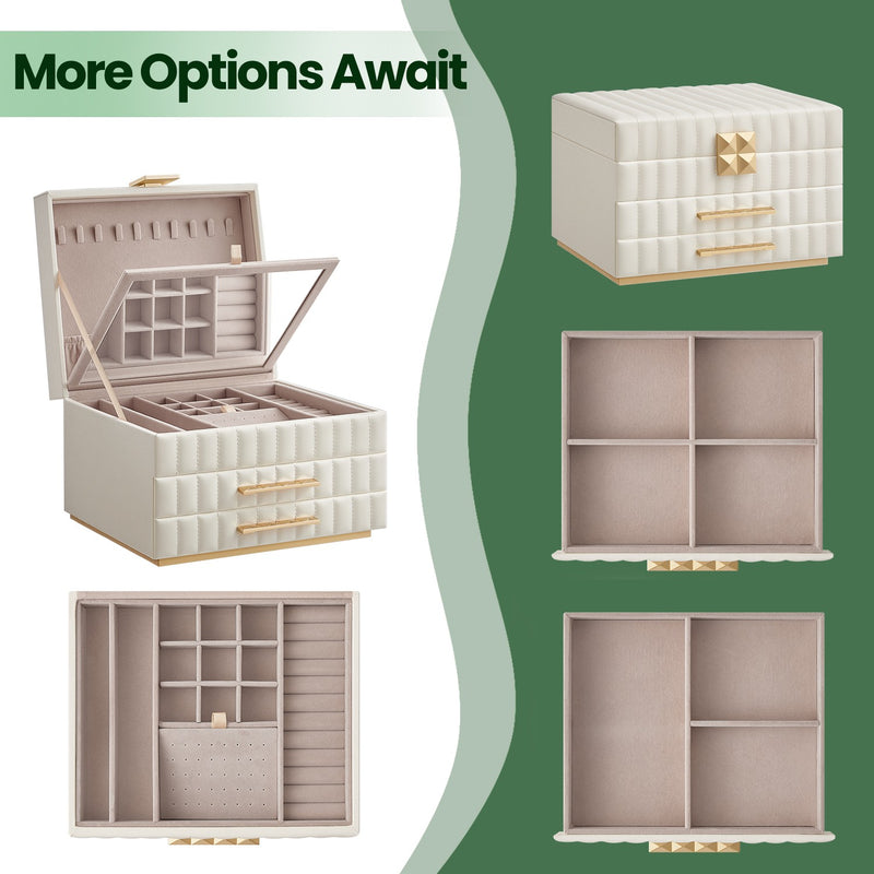 3 Tier Jewellery Box with Mirror and Drawers PU Leather Organiser with Stitching by Songmics Home