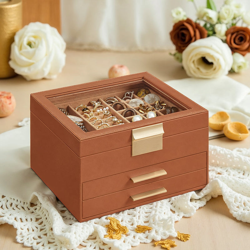 Three Layer Jewellery Box with Glass Lid and Two Drawers for Organising Accessories by Songmics