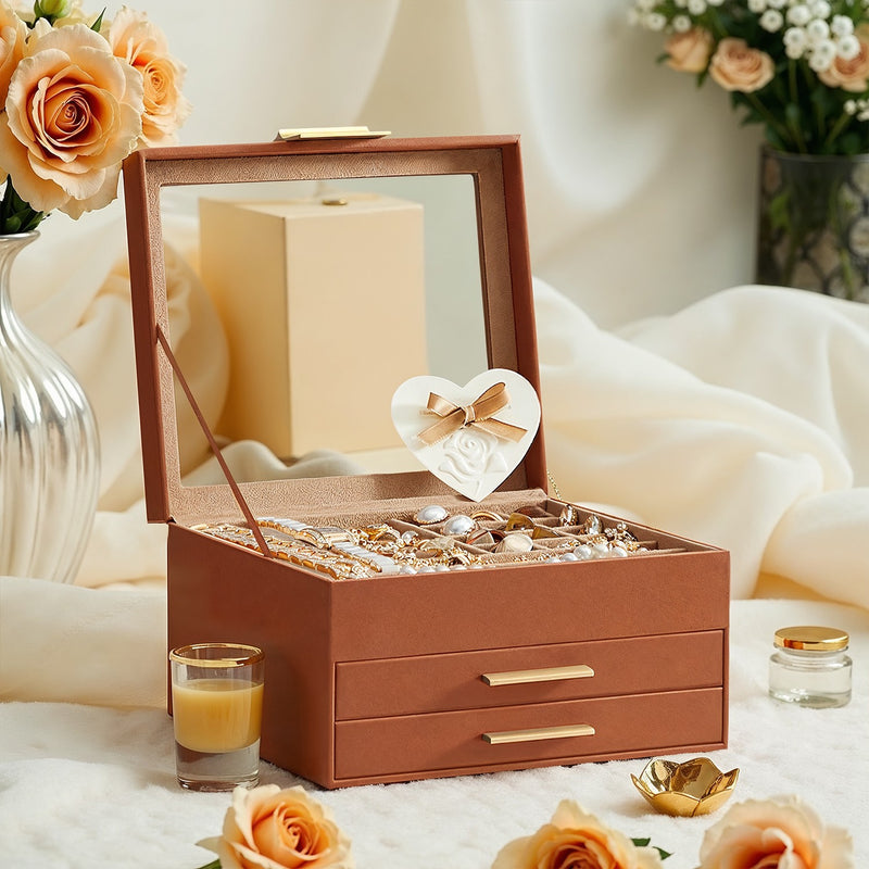 Three Layer Jewellery Box with Glass Lid and Two Drawers for Organising Accessories by Songmics