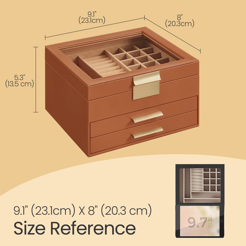 Three Layer Jewellery Box with Glass Lid and Two Drawers for Organising Accessories by Songmics