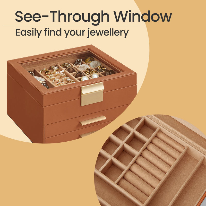 Three Layer Jewellery Box with Glass Lid and Two Drawers for Organising Accessories by Songmics